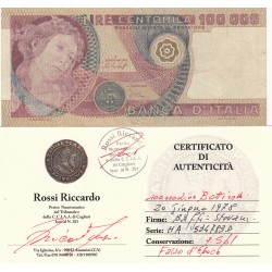 100000 LIRE BOTTICELLI 20 GIUGNO 1978 FALSO D'EPOCA CERTIFICATO
